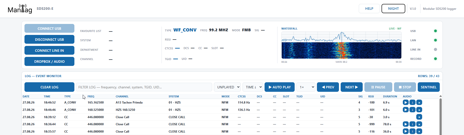 ManTag main monitor with live activity, event LOG, filtering and playback